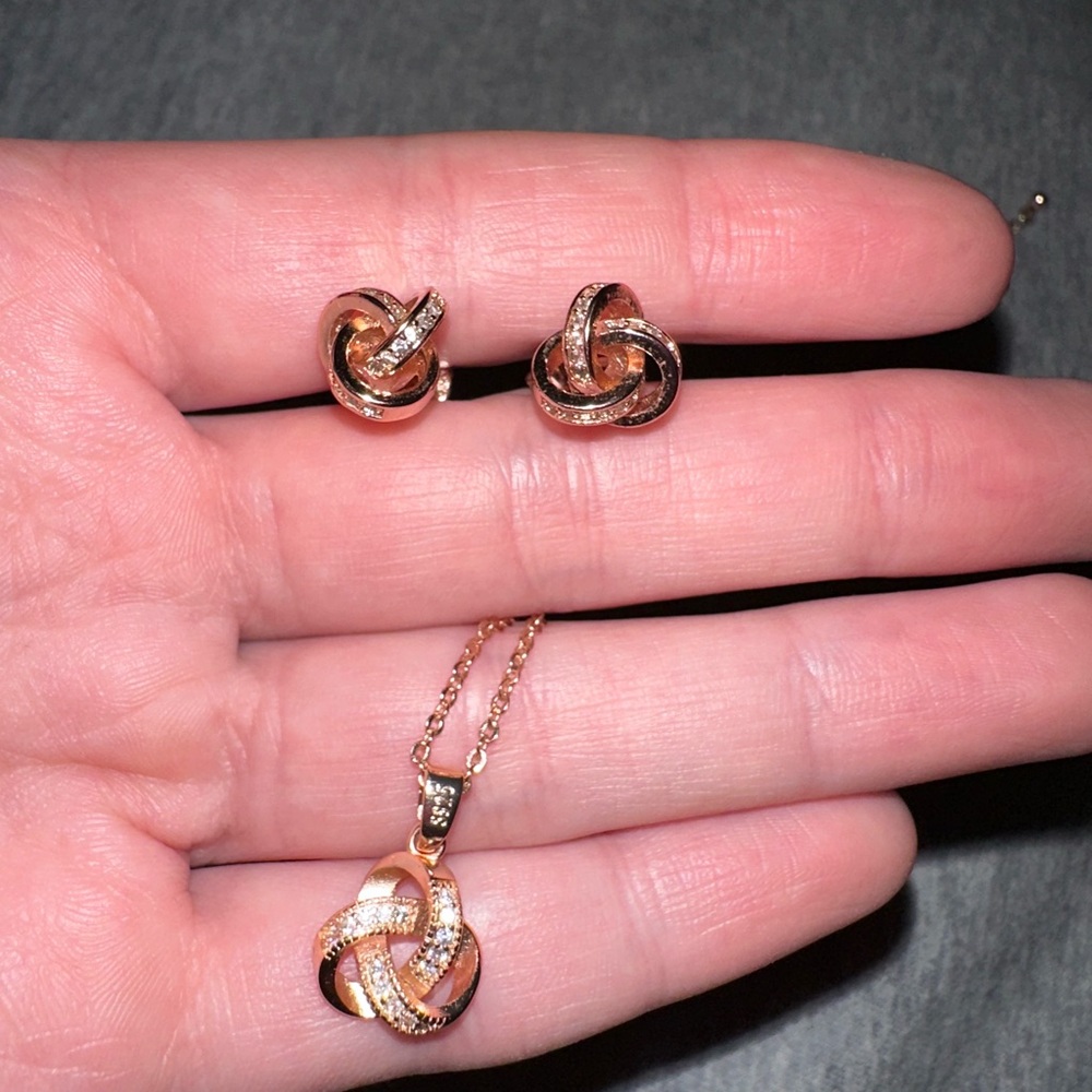 Rose Gold Jewelry - Knot Set of Necklace and Earrings